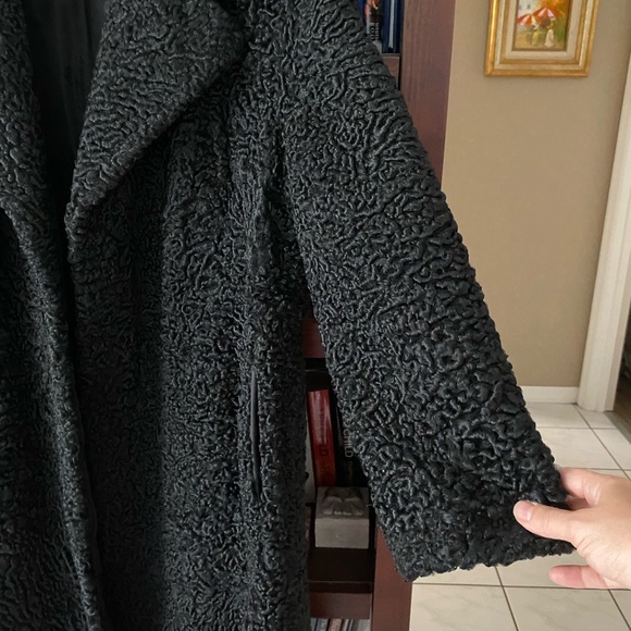 Curly Lamb Long Coat Wool Fur Black Persian Silk Lined Velvet Pockets Vintage - Picture 4 of 13